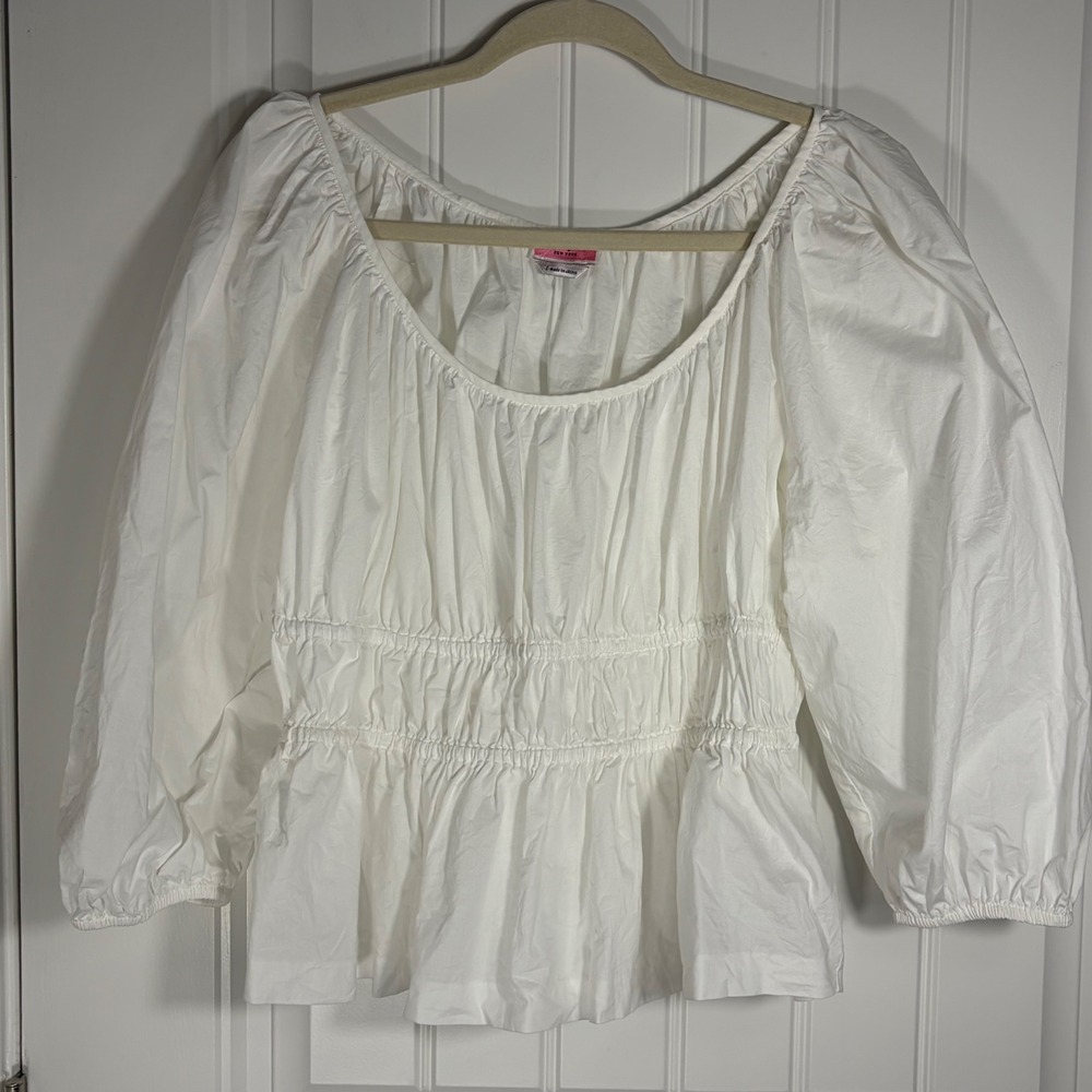 Kate Spade White Cotton Poplin Smocked Waist Puff Sleeve Peplum Top Large